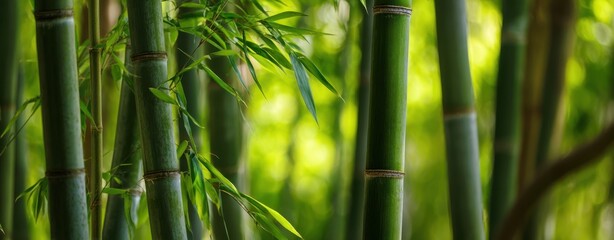 Fototapeta premium The Bamboo Grove in Soft Sunlight with Lush Green Leaves and Bokeh Background