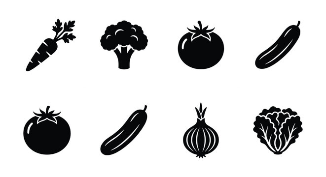 Minimalist vegetable icon set, black silhouette garden produce symbols, collection of 8 flat vector illustrations for grocery and cooking apps