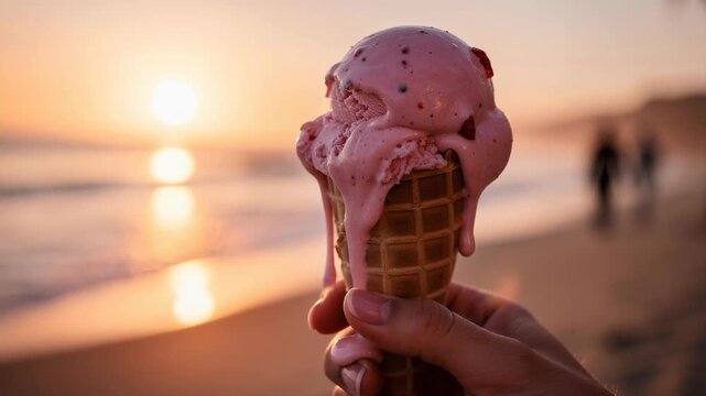 Close up of melting strawberry ice cream cone held by hand on a beach during sunset
