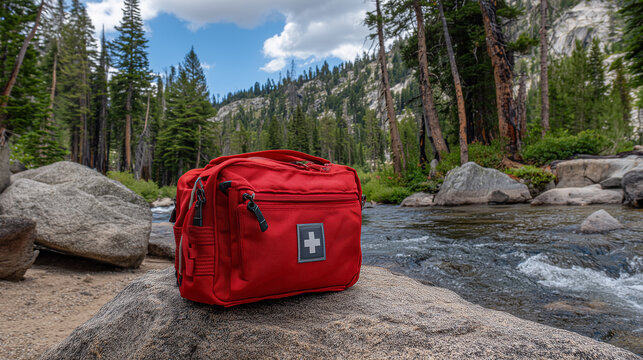 Red First Aid Kit Placed on Rock in Mountain River Landscape