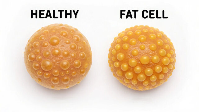 Fat cell and healthy cell comparison showing fat storage and triglyceride accumulation in fat cell with smooth texture and round shape