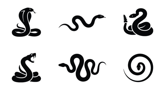 Black snake silhouette icons set, minimalist cobra and rattlesnake vector illustrations, 6 serpent reptile graphic elements for logo design