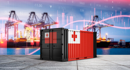 Tonga Shipping Container: A solitary shipping container, emblazoned with the vibrant flag of Tonga, stands as a symbol of global trade and connectivity against the backdrop of a bustling port.  © bao