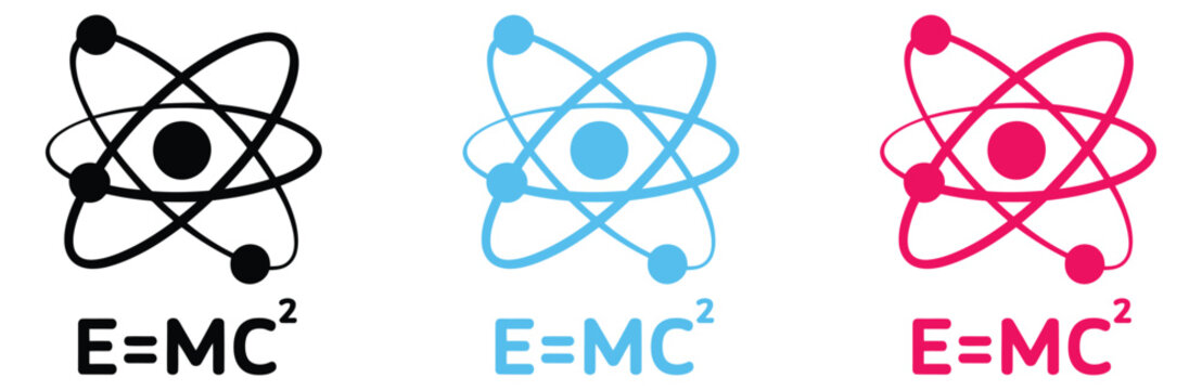modern science concept with e=mc&sup2; atomic models in black, blue, and pink minimalist design
