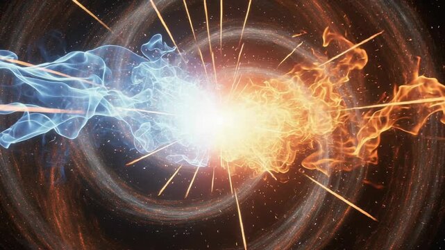 Dynamic energy clash with fiery orange and icy blue flames exploding in cosmic space with glowing sparks and swirling particles