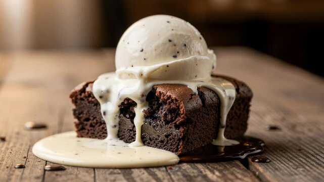 Delicious chocolate brownie topped with melting cookies and cream ice cream on rustic wooden table