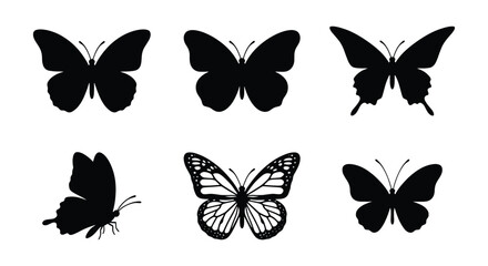 Obraz premium Black butterfly silhouette set, 6 elegant insect vector icons, minimalist monarch and swallowtail butterfly shapes for logo design and decoration