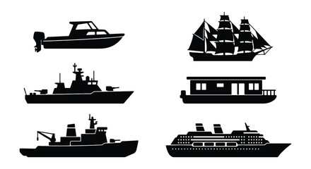 Nautical ship silhouettes set, 6 black vector icons of maritime vessels, cruise ship and sailboat graphics, motorboat and military warship symbols © Rayhan