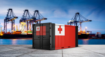 Tonga Flag on Shipping Container at Port: A shipping container, adorned with the vibrant flag of Tonga, stands at a bustling port, symbolizing international trade and connectivity. © bao