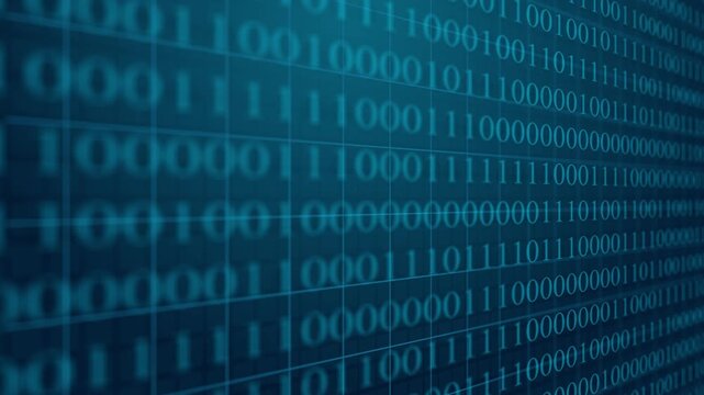 Abstract digital binary data flow and matrix code on a deep blue background