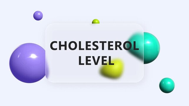 Animated text Cholesterol Level with glass UI panel and dynamic moving spheres. Ideal for heart health, lipid profile monitoring, cardiovascular risk and medical education visuals.
