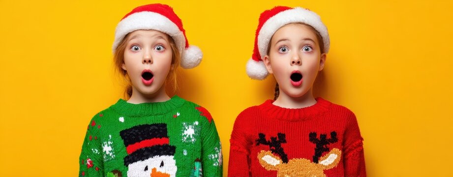 The Children in Festive Sweaters and Santa Hats Showing Surprise Against Yellow Background