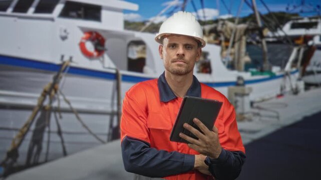 Man builder in hardhat holds tablet with visible hand while inspecting a moored boat at building dock, wearing orange safety uniform; focused inspection.