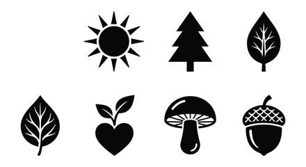 Minimalist nature icon set, black silhouette environment symbols, collection of 7 vector elements including sun, tree, leaf, mushroom, and acorn © Siyam