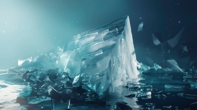 Crystal Clear Ice Block on Calm Water Surface with Shattered Pieces