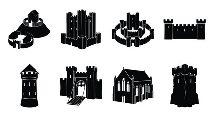 Fototapeta premium Medieval castle silhouettes set, 8 historical fortress icons, black vector architecture elements, ancient stone tower and gatehouse collection