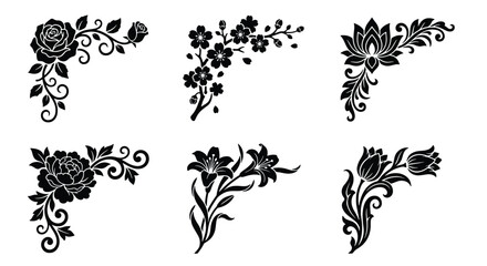 Vintage floral corner borders set, black silhouette flower frames with rose and lily, 6 decorative botanical vector elements for wedding invitations © Md