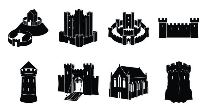 Medieval castle silhouettes set, 8 historical fortress icons, black vector architecture elements, ancient stone tower and gatehouse collection