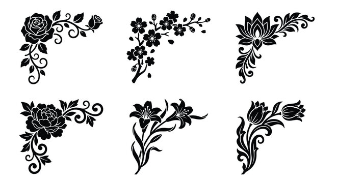 Vintage floral corner borders set, black silhouette flower frames with rose and lily, 6 decorative botanical vector elements for wedding invitations