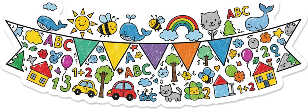 Colorful educational banner featuring learning elements and playful illustrations