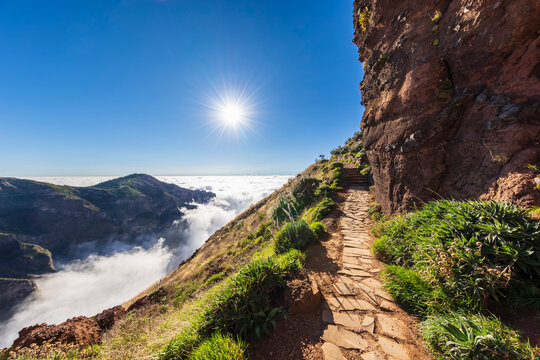Hiking trail on Pico do Areeiro in Madeira Portugal under the sun