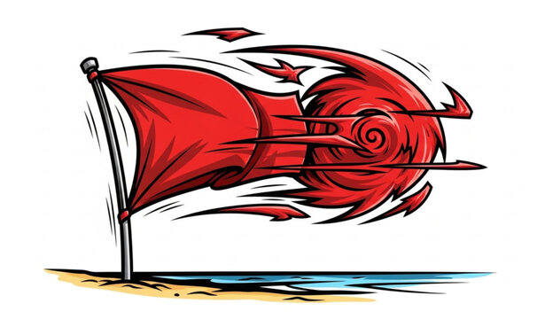 Dramatic red flag hurricane warning vector beach storm concept coastal danger isolated on white background