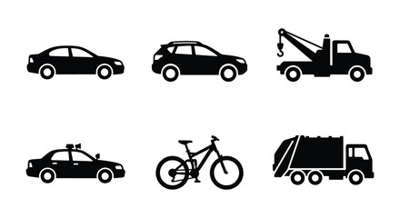 Naklejka premium Transportation vehicle icon set, black silhouette car and truck symbols, collection of 6 vector graphics for logistics and urban traffic mapping