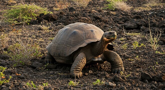 Galapagos Tortoise in Volcanic Landscape, Majestic Creature, Dawn Light.