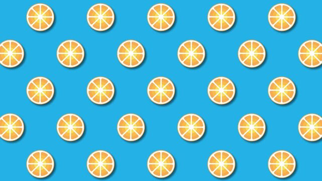 Looping Seamless pattern with sliced orange fruit on blue and orange background