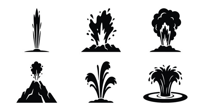 Volcano eruption and geyser icons set, black silhouette of volcanic explosion and water fountain, 6 natural disaster and geothermal energy vector elements