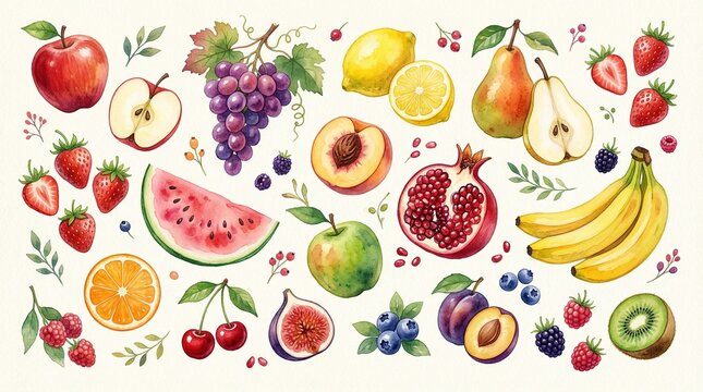 Colorful watercolor illustration of assorted fresh fruits on white background