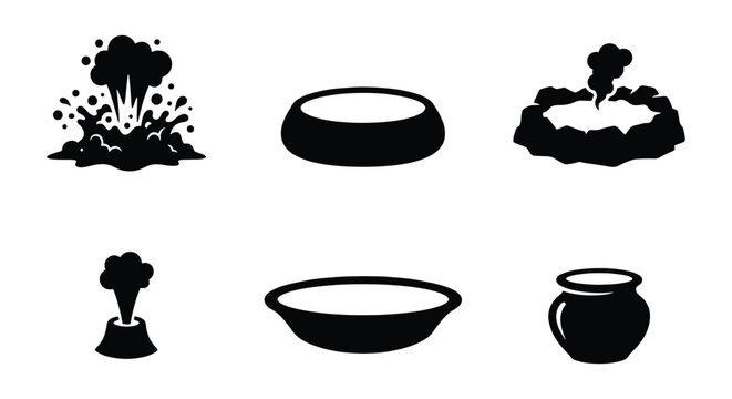 Geothermal activity and volcanic icons set, black silhouette geyser and hot spring symbols, 6 vector elements for geological maps and nature infographics