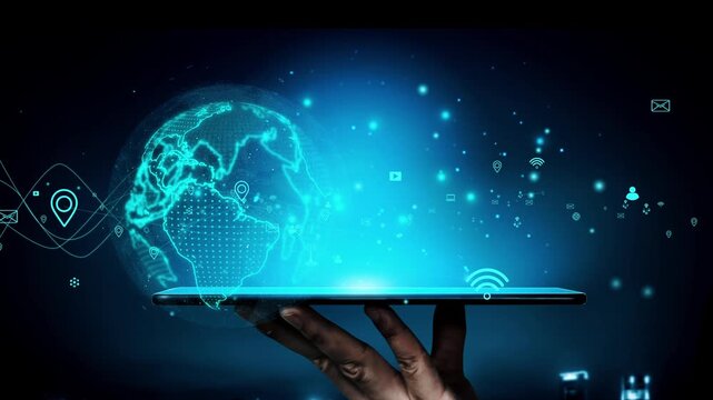 A striking image featuring a hand holding a tablet that showcases a glowing globe and intricate data visualizations, symbolizing global connectivity and digital innovation. Xenic