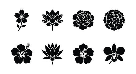 Japanese floral icons set, 8 black flower silhouettes including cherry blossom and lotus, minimalist botanical vector elements for logo design © Ajadul