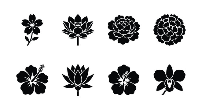 Japanese floral icons set, 8 black flower silhouettes including cherry blossom and lotus, minimalist botanical vector elements for logo design