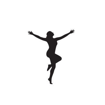 Black silhouette of a woman dancing with arms outstretched and one leg raised, isolated on a plain white background, minimalist