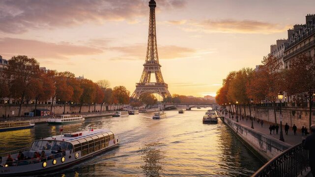 Beautiful sunset view of the Eiffel Tower over the River Seine with boats and autumn trees in Paris city