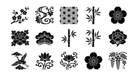Traditional Japanese Kamon symbols set, 15 black floral and nature icons, oriental botanical vector elements for branding and textile design © Siyam