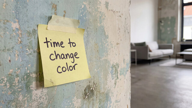 Time to change color home repainting reminder on aged peeling wall in lived-in apartment for interior renovation decision and property refreshment planning