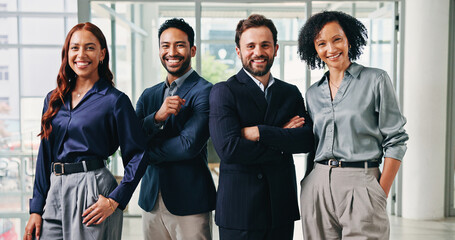 Happy, team and portrait of business people in office for finance consulting, career and teamwork....