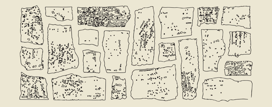Hand drawn ancient stone texture tiles, minimalist rustic wall and rock doodles, decorative historical masonry and block sketches, artistic textured background and pattern elements, minimalist archite