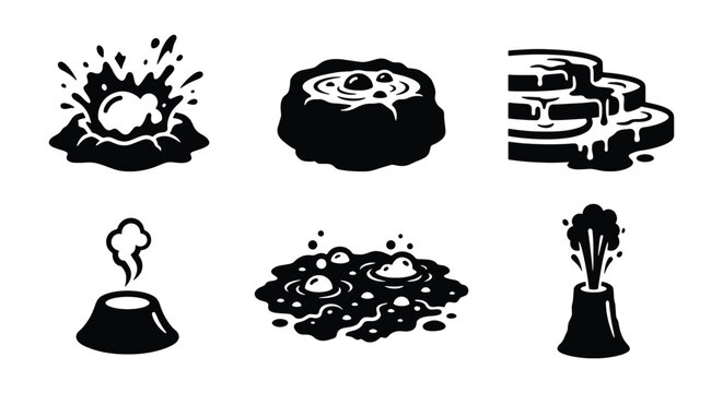 Geothermal activity icons set, black and white volcanic landscape elements, 6 vector illustrations of hot springs and geysers
