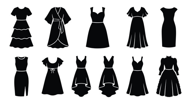 Minimalist black dress silhouette icons, set of 11 elegant female fashion garment vectors, stylish evening gown and cocktail dress collection