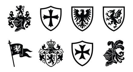 Medieval heraldry crests and knight shields set, 8 black vector icons with eagle and lion emblems, vintage coat of arms for branding and logo design © Ajadul
