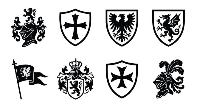 Medieval heraldry crests and knight shields set, 8 black vector icons with eagle and lion emblems, vintage coat of arms for branding and logo design