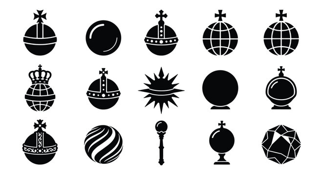 Royal globus cruciger and orb icons set, 15 black vector elements of sovereign regalia, monarch power symbols and imperial globes for heraldry