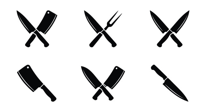 Professional butcher knife icons set, crossed chef knives and meat cleaver silhouettes, 6 culinary kitchen tool vector elements for restaurant logos
