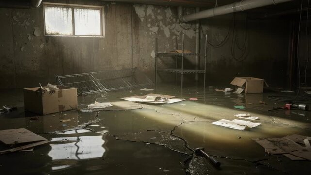 Flooded basement with cracked floor and scattered debris illuminated by sunlight through dirty window