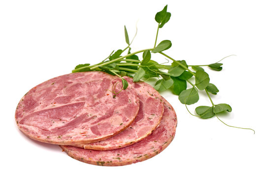 Pork Luncheon Meat Slices with Fresh Pea Shoots, isolated on white background