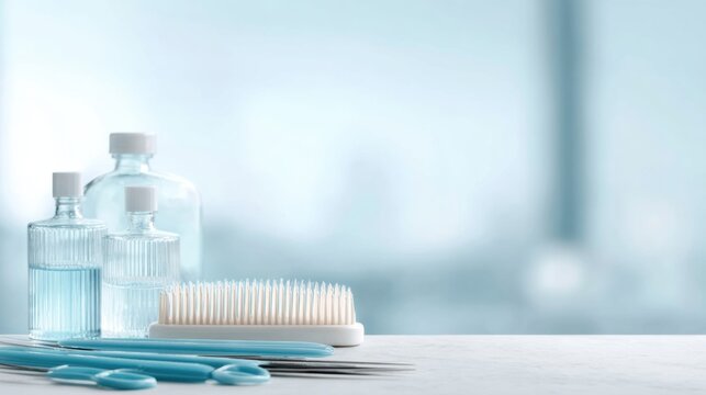 Wide Background for Scalp Treatment With Clinic Tools and Empty Space for Hair Loss Services in White and Blue Colors